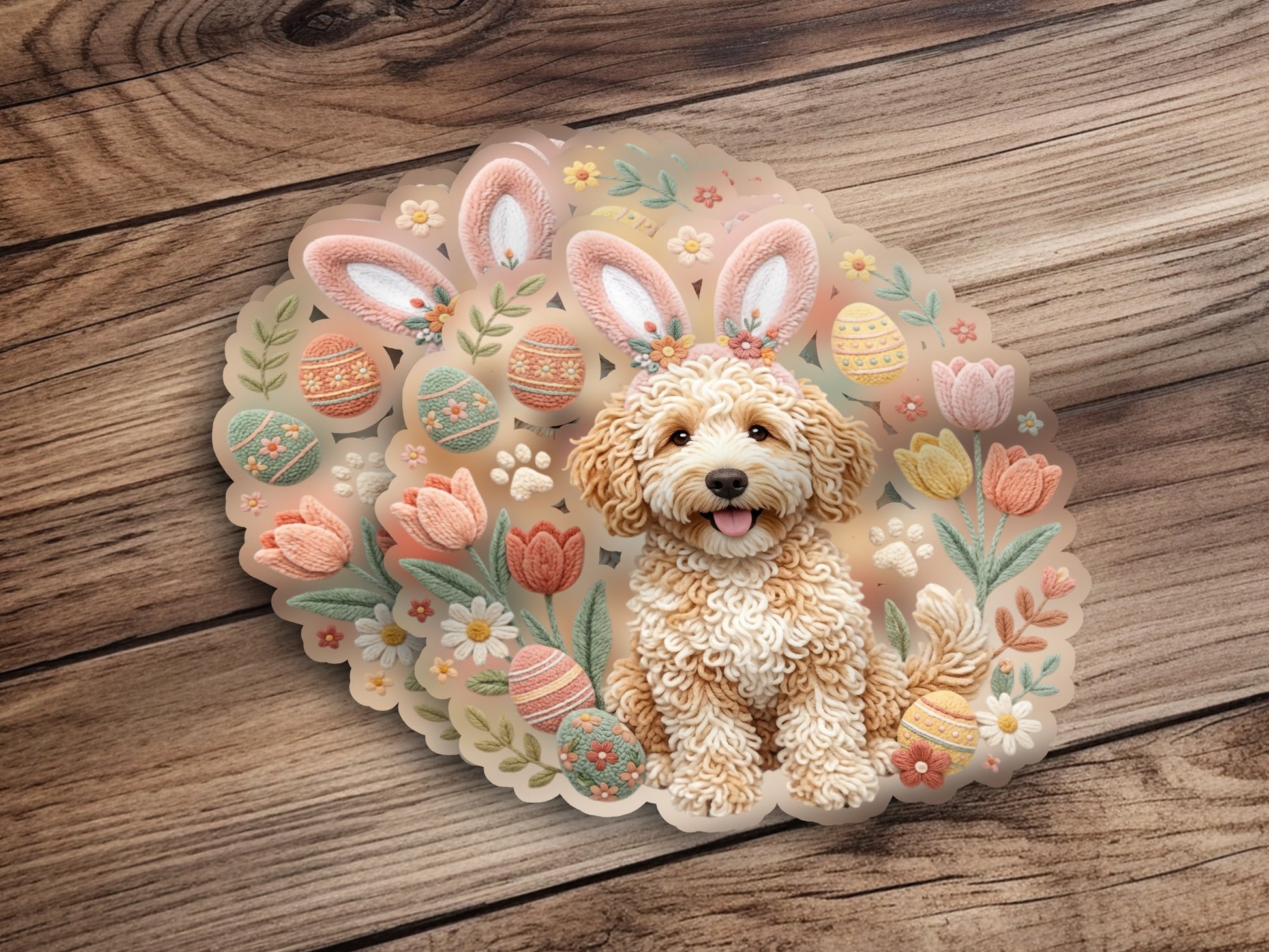 Fluffy dog with Easter bunny ears surrounded by colorful eggs and flowers.