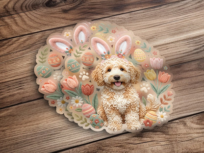 Fluffy dog with Easter bunny ears surrounded by colorful eggs and flowers.