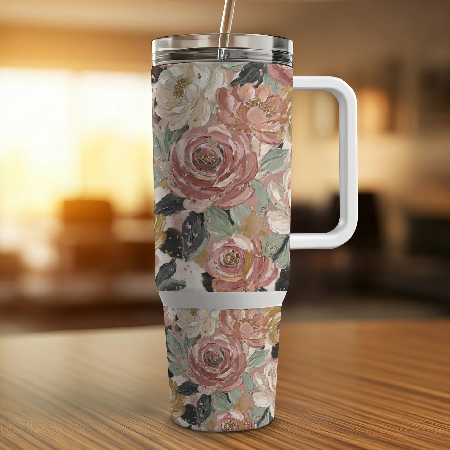 Floral-patterned tumbler with straw and handle on a wooden surface.