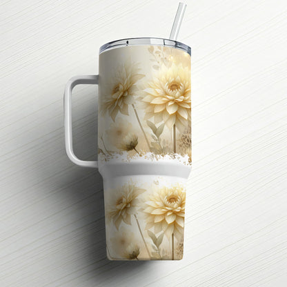 White tumbler with a floral pattern and straw.
