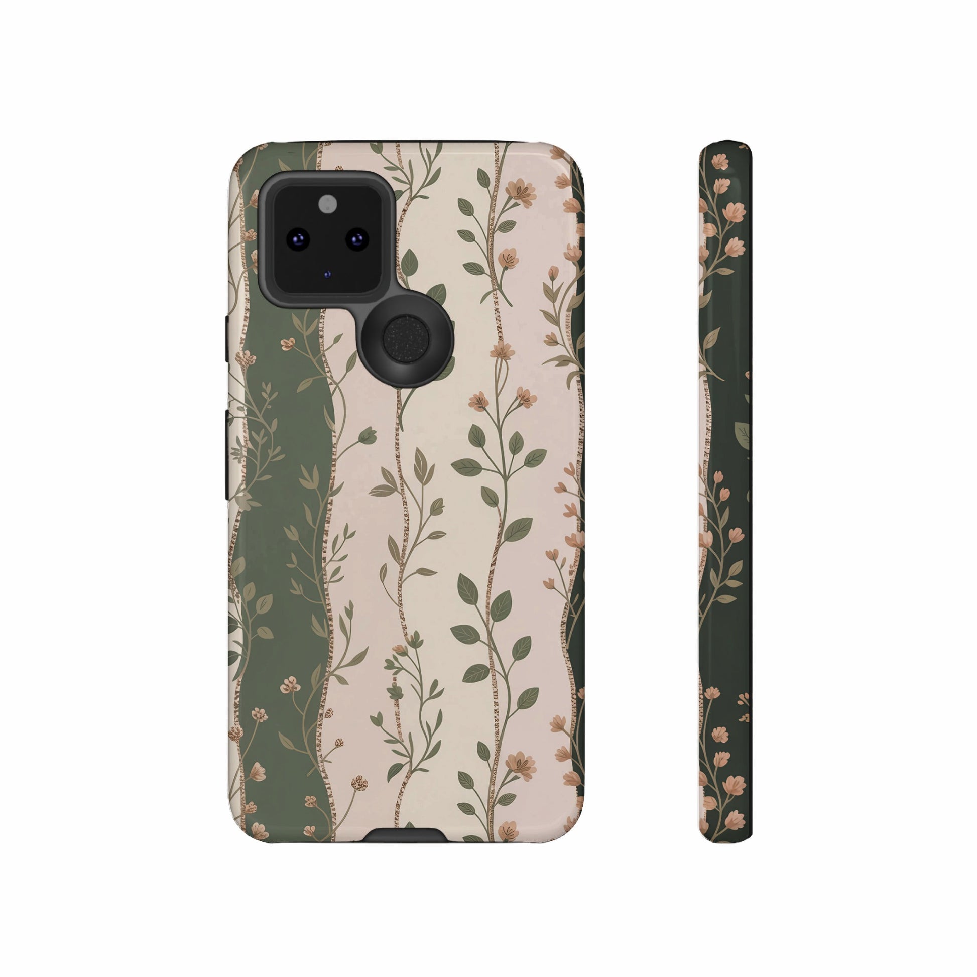 Phone case with a green and beige floral vine pattern.