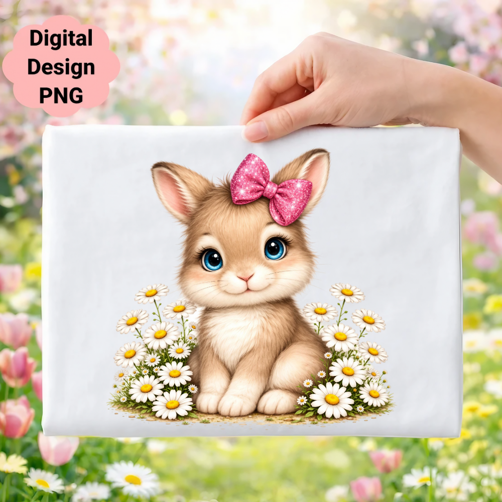 Cute cartoon bunny with pink bow surrounded by daisies.