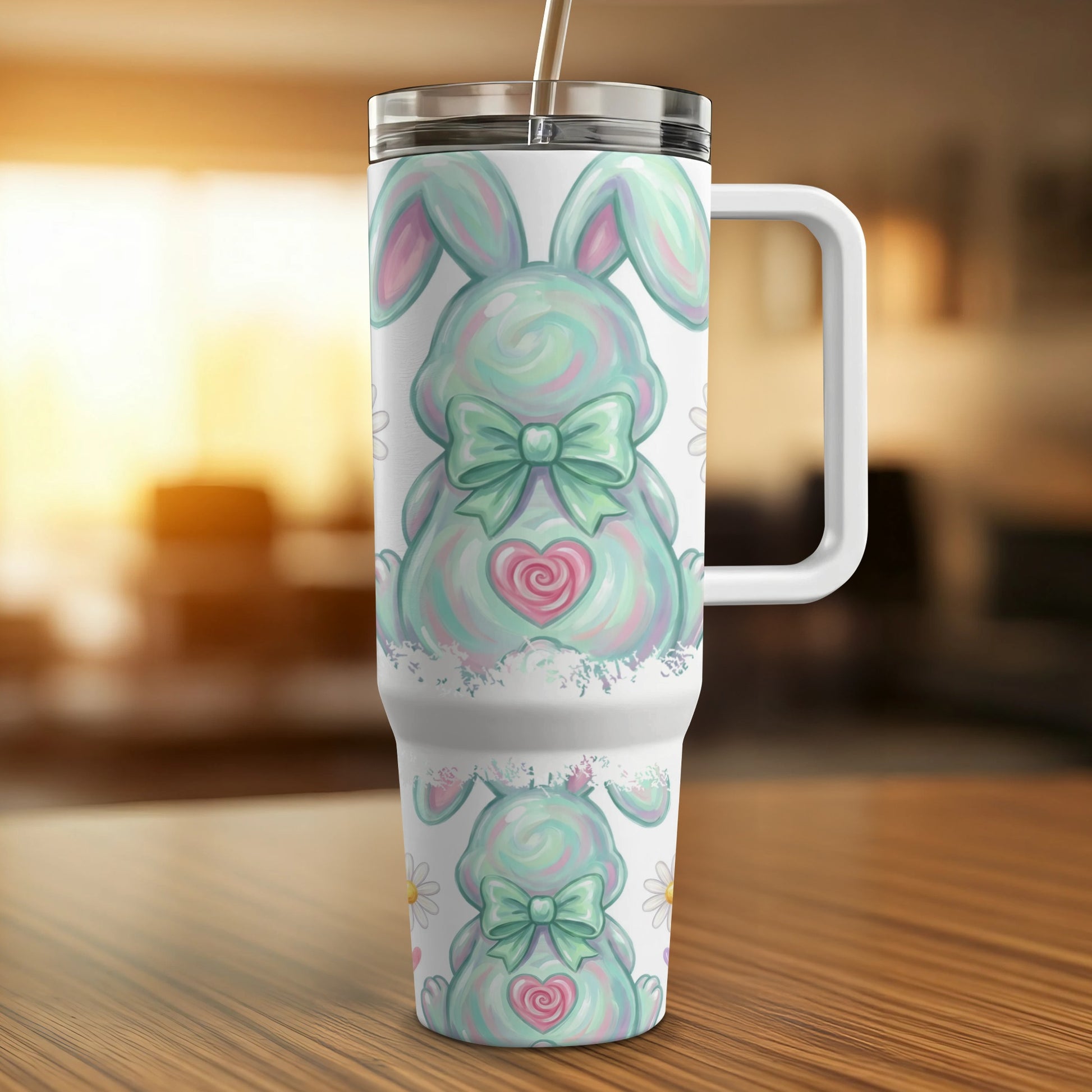 Easter bunny tumbler with pastel colors and a bow.