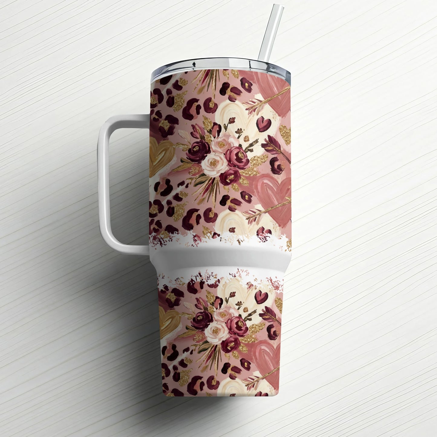30 oz tumbler with leopard print, floral, and heart pattern.