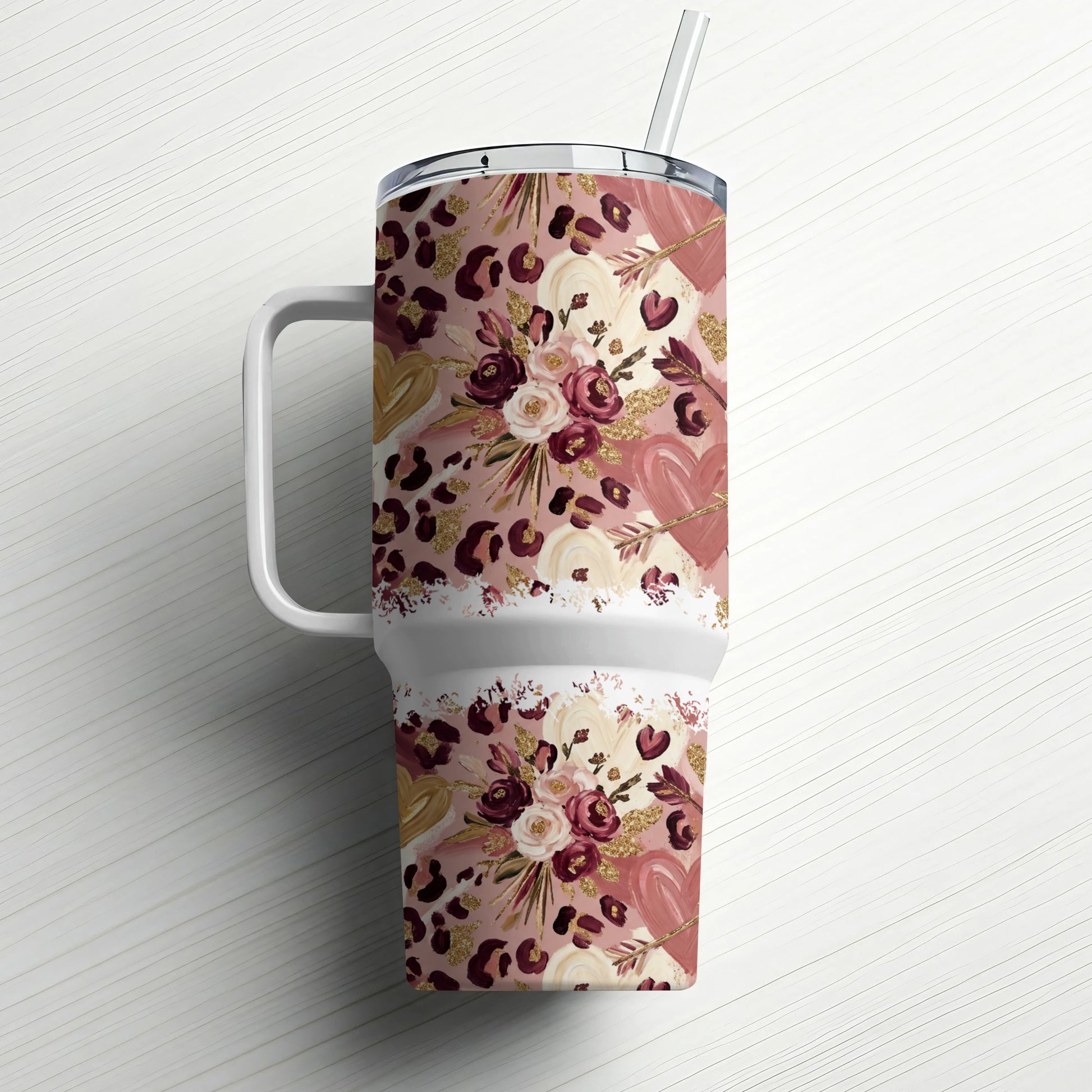 30 oz tumbler with leopard print, floral, and heart pattern.