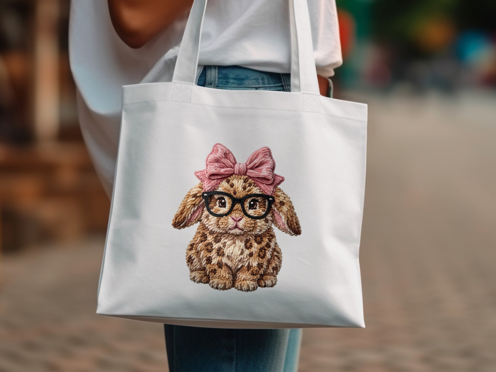 White tote bag with embroidered fluffy bunny wearing glasses and a pink bow.
