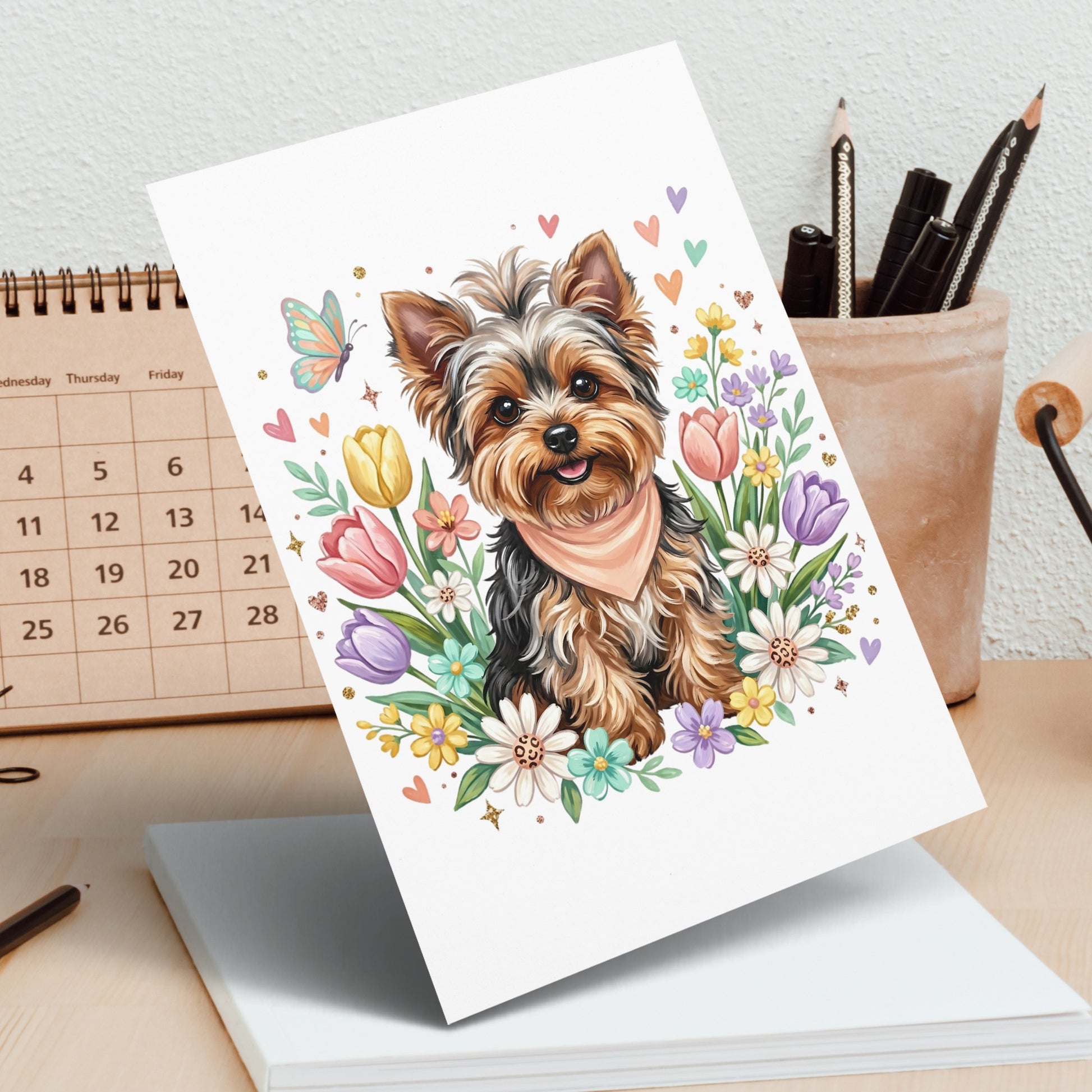 Yorkshire terrier wearing a bandana surrounded by colorful spring flowers and hearts.