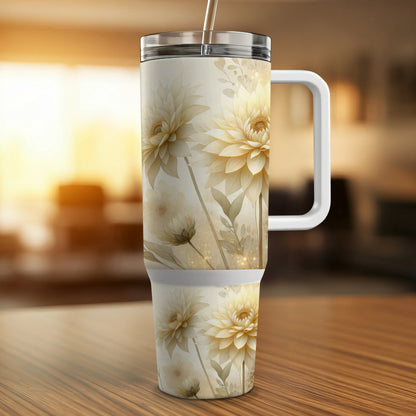 Creamy floral design on a white travel tumbler with a handle and straw.