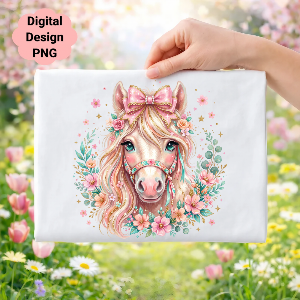 Pink unicorn with flowers and a bow, held by a hand.
