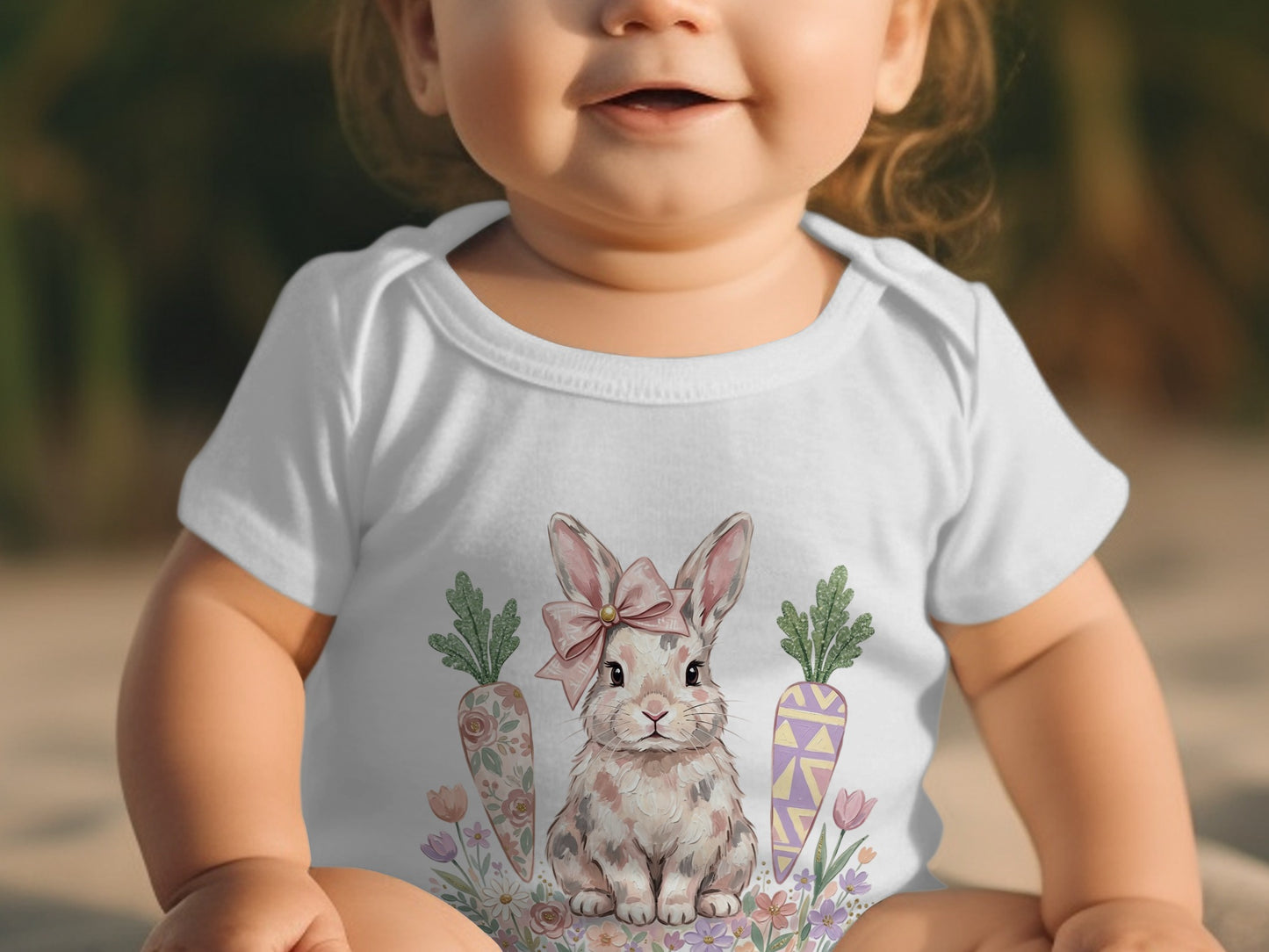 Baby wearing a white bodysuit with a pastel bunny and carrot Easter graphic.