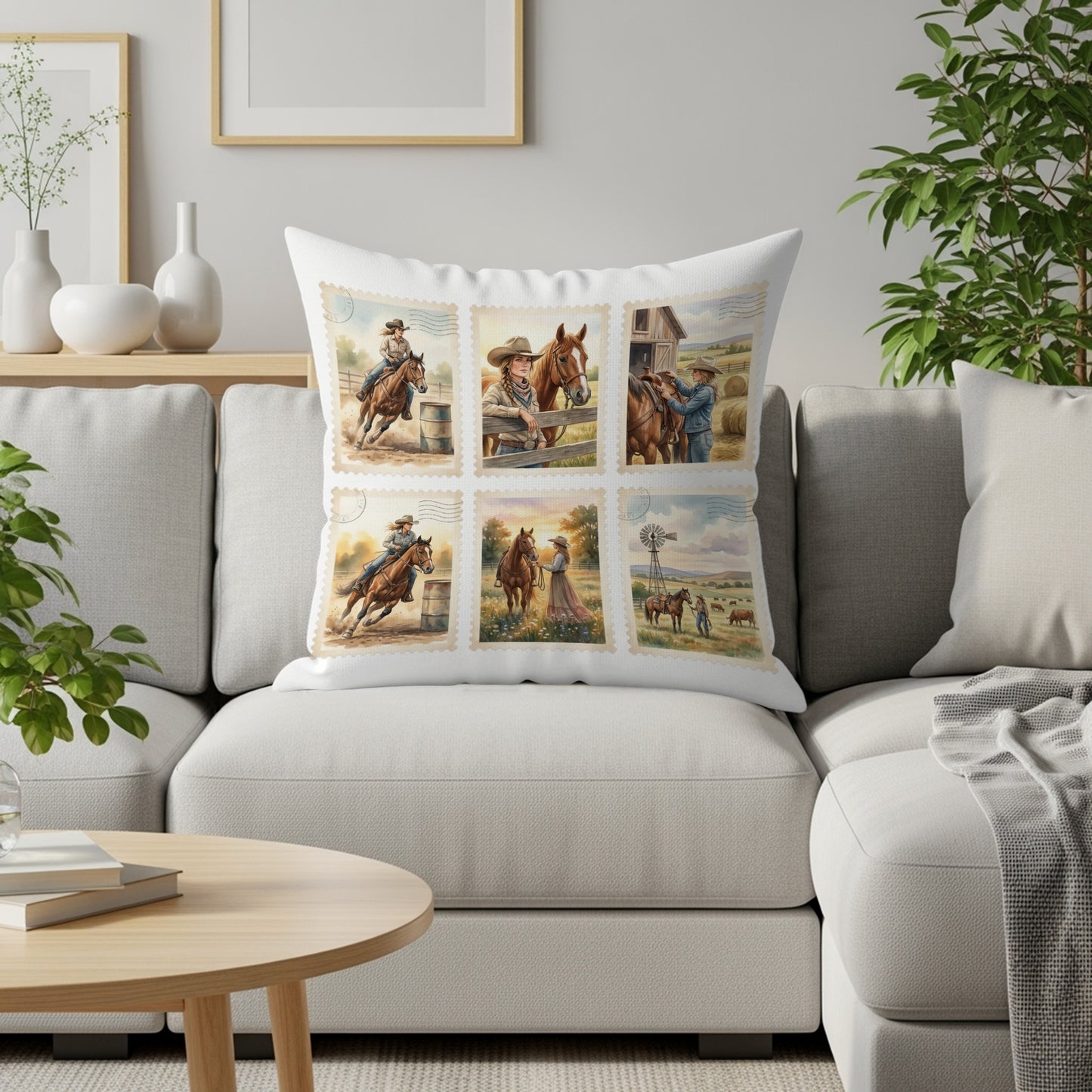 Cowboy and cowgirl scenes with horses and farm life, arranged in six squares.