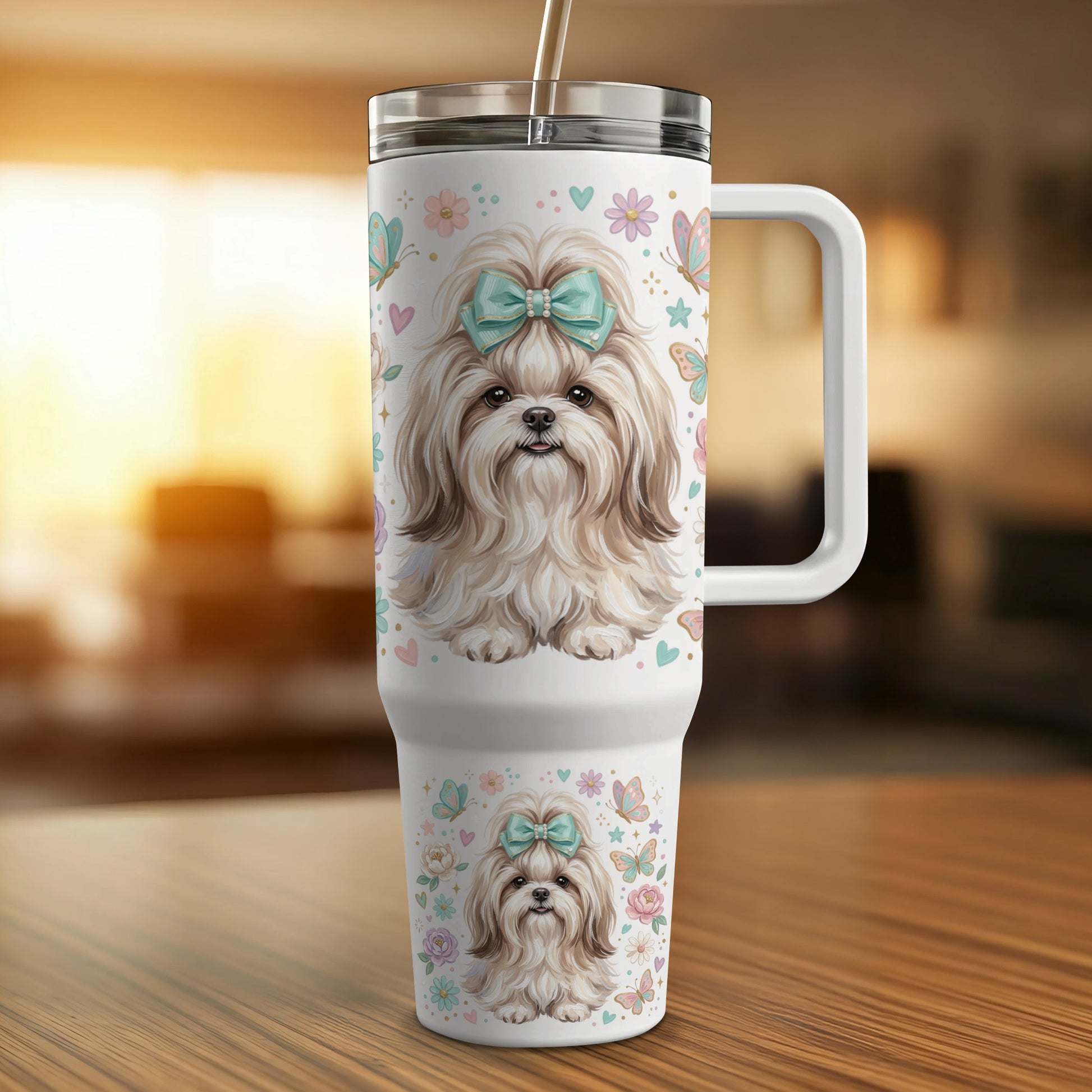 White tumbler with Shih Tzu dog illustration and pastel butterflies.
