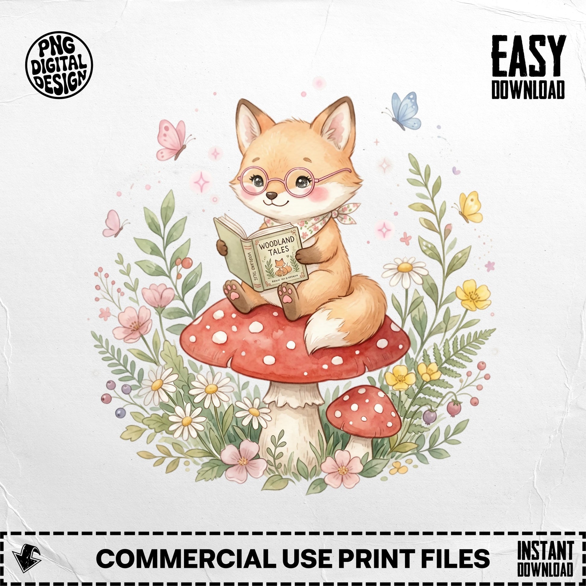Fox in glasses reads a book on a mushroom, surrounded by flowers and butterflies.