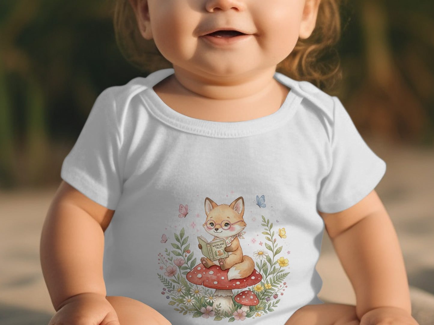 Baby wearing white bodysuit with a smiling fox reading a book on a mushroom.