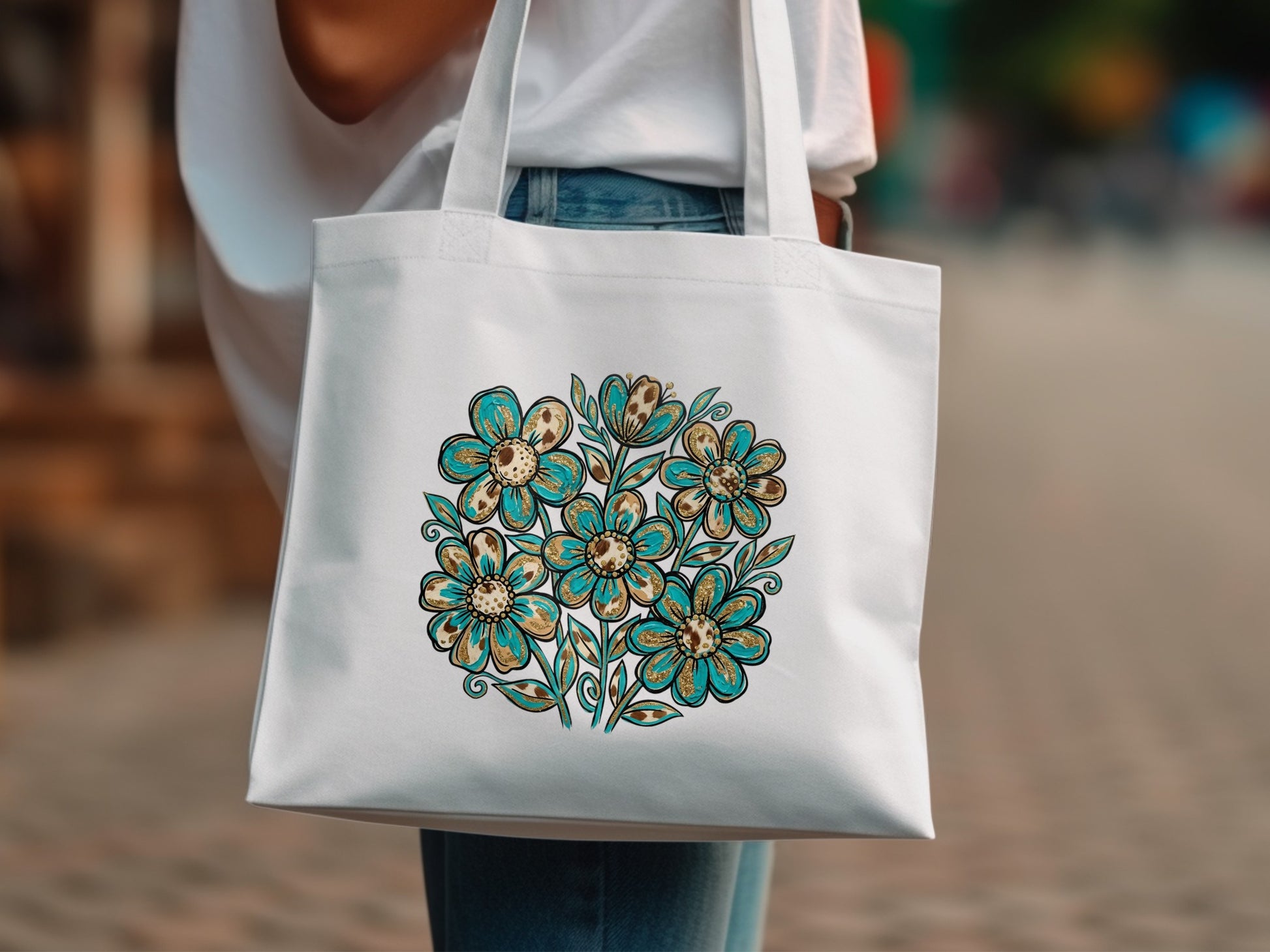 White tote bag with turquoise and brown floral print design.