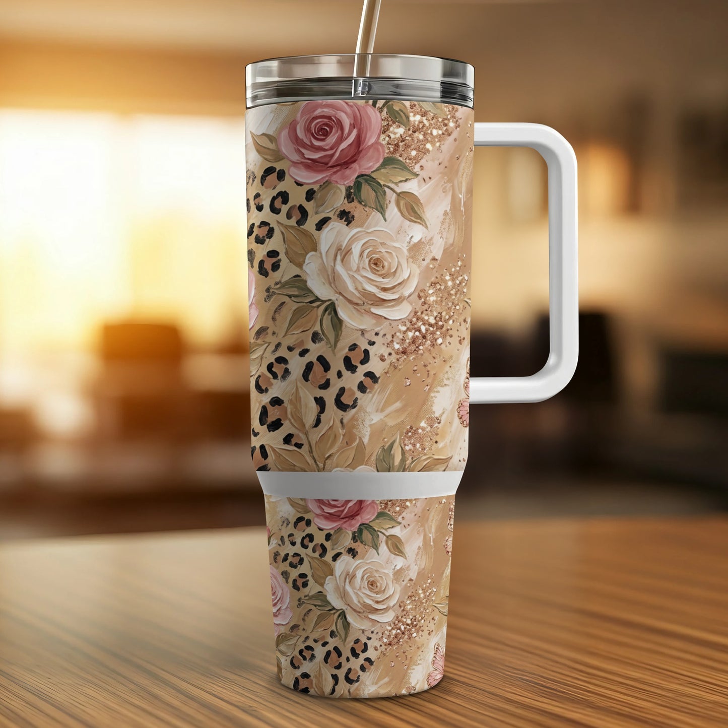 Floral and leopard print insulated tumbler with straw on wooden surface.