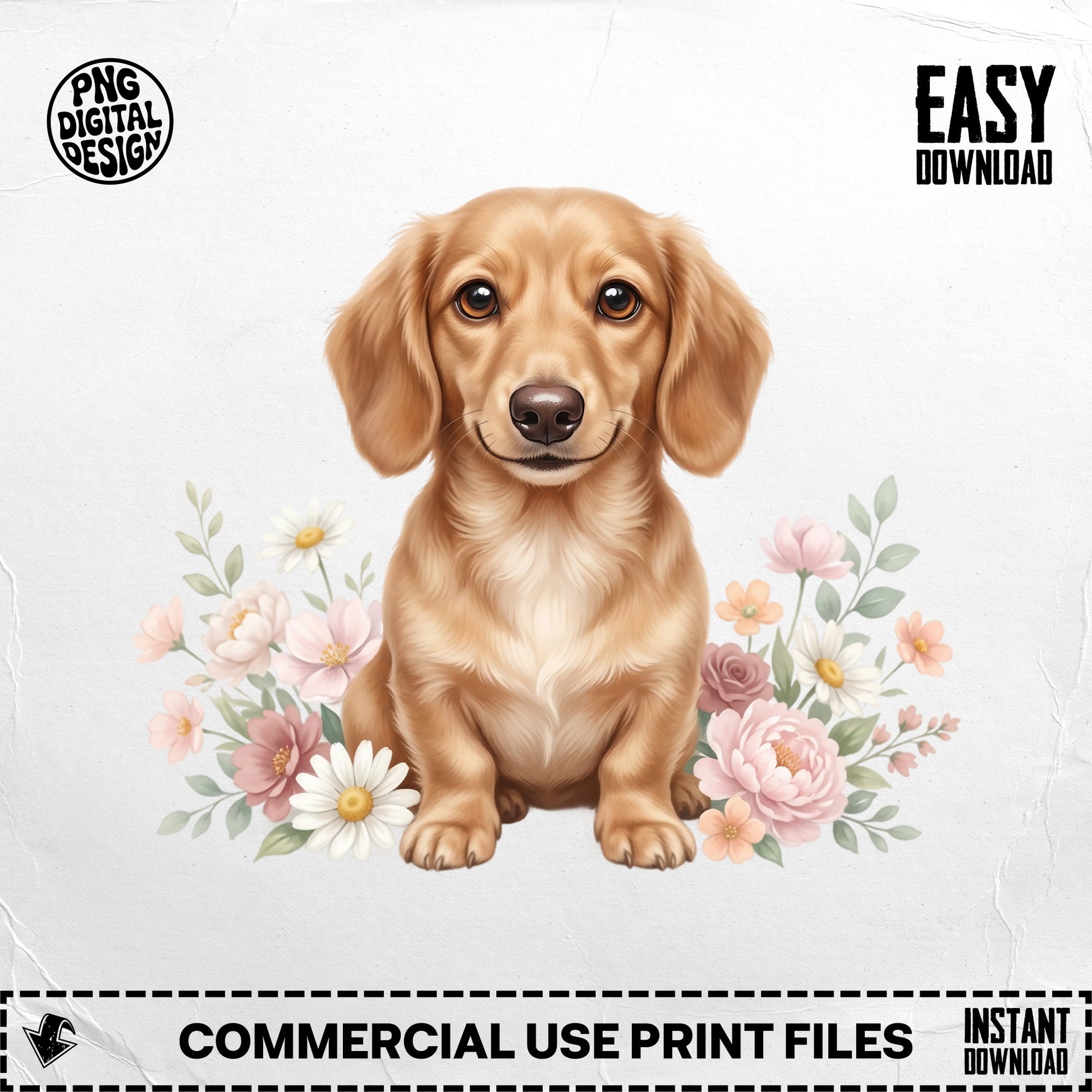 Dachshund puppy sitting amongst light pink and white flowers.