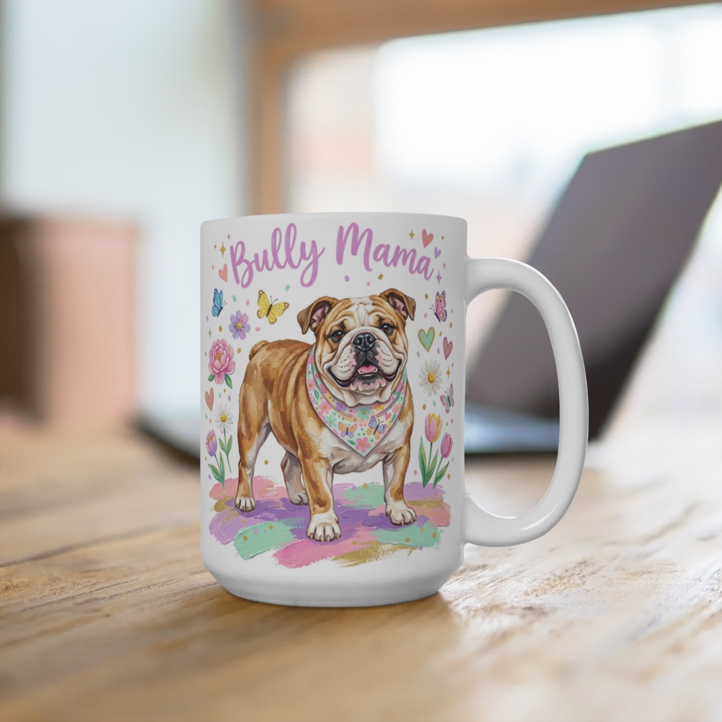 Bully Mama mug featuring a bulldog wearing a bandana with flowers and butterflies.