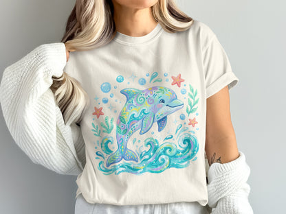 T-shirt with a colorful watercolor dolphin design and playful ocean elements.