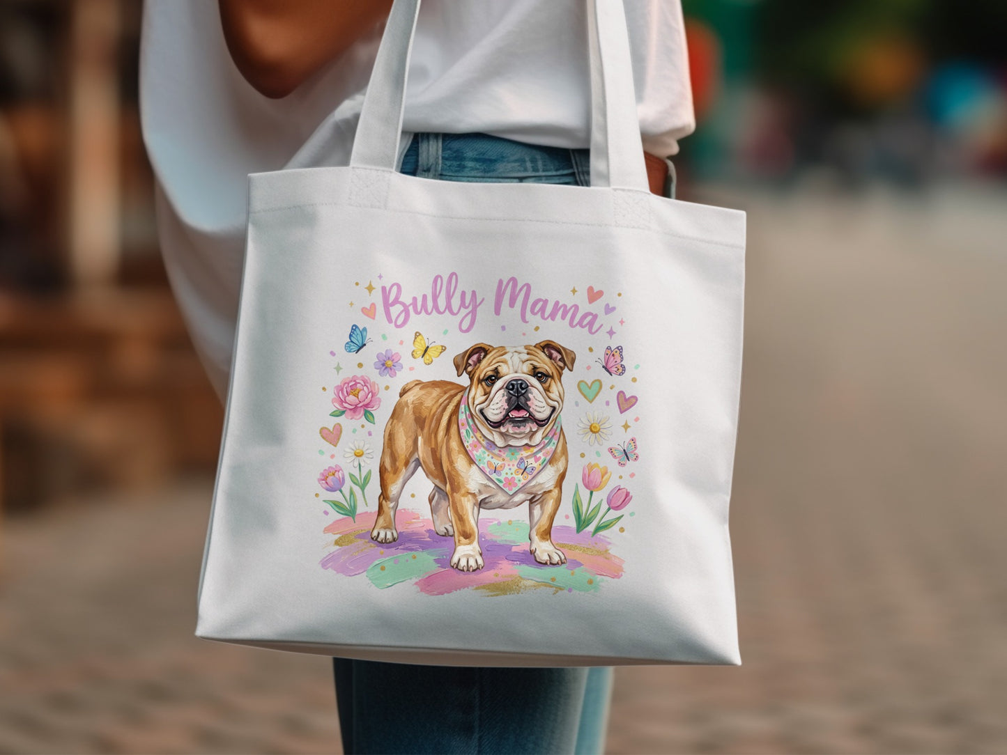 Bully Mama English Bulldog with flowers and butterflies.