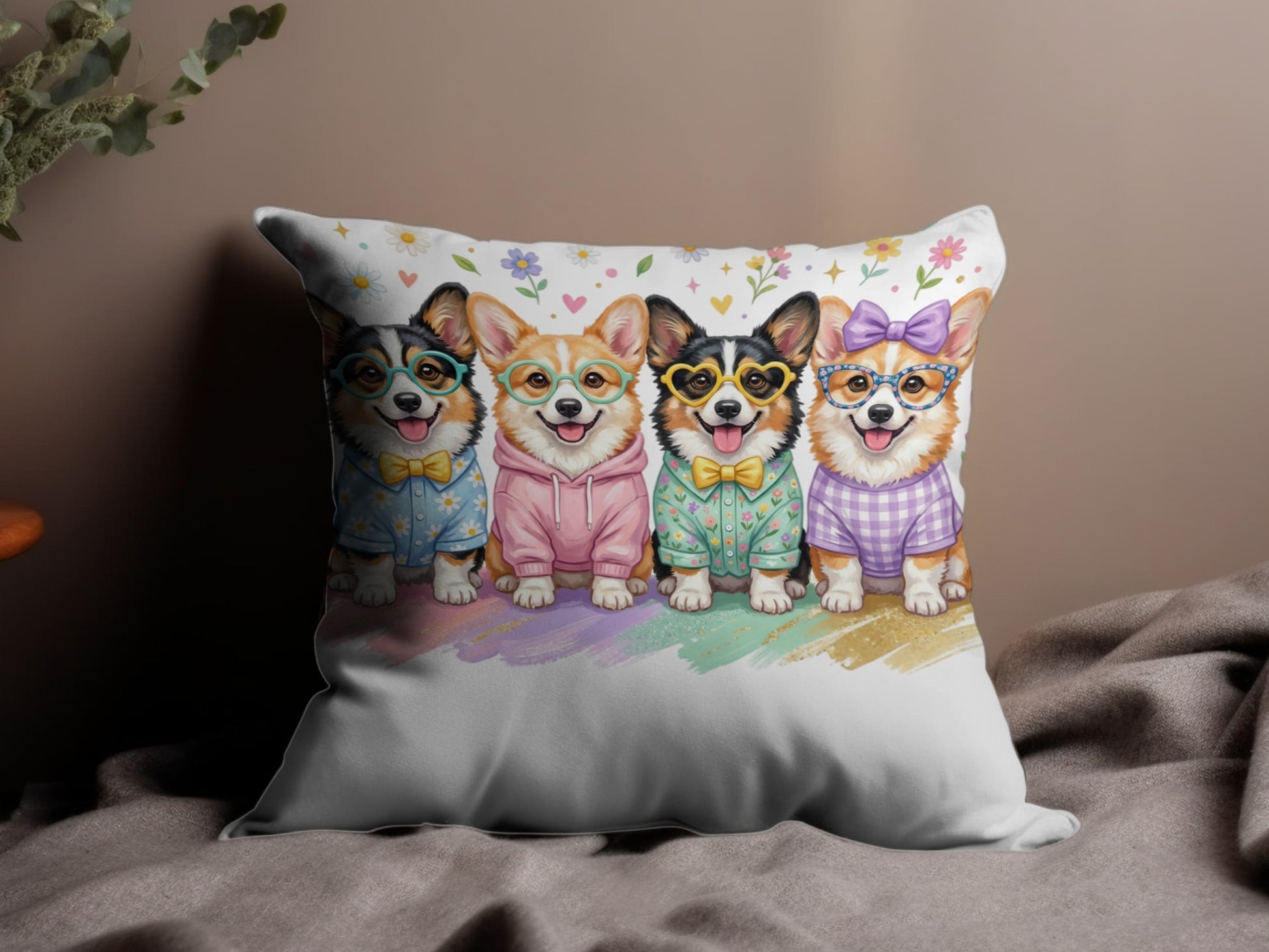 Four corgis wearing glasses and colorful outfits sit in a row.