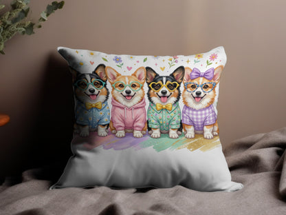 Four corgis wearing glasses and colorful outfits sit in a row.