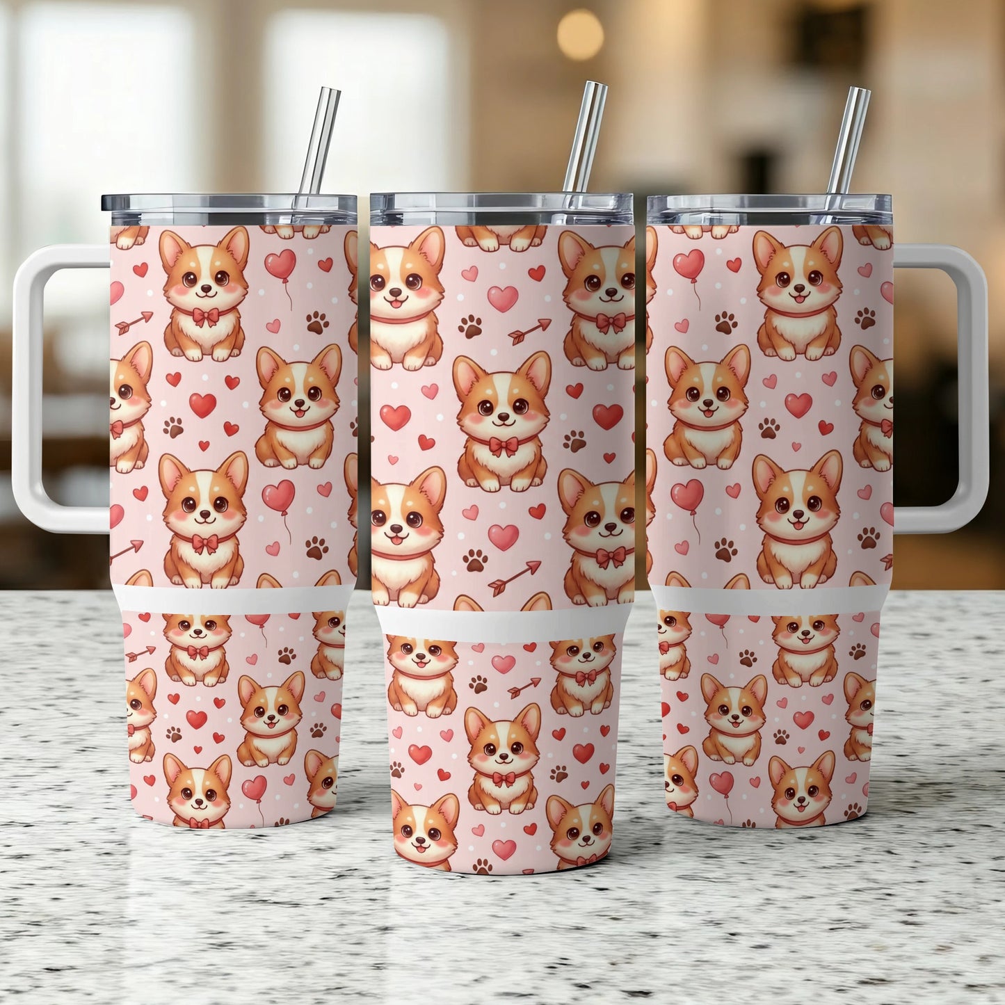 Three pink corgi tumblers with heart pattern and straws.