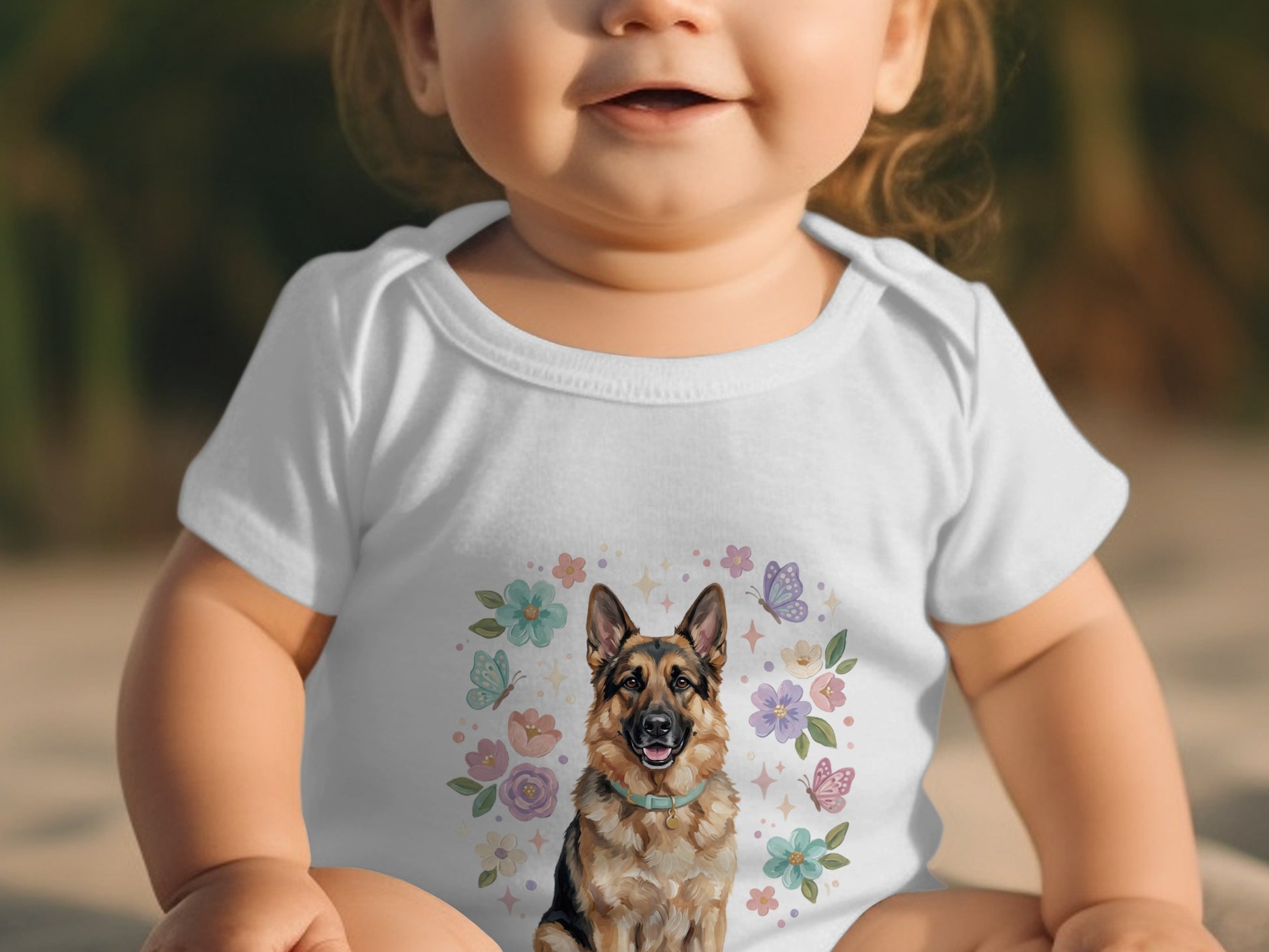 Baby wearing white onesie with German Shepherd, butterflies, and floral design.
