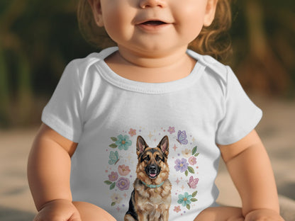 Baby wearing white onesie with German Shepherd, butterflies, and floral design.