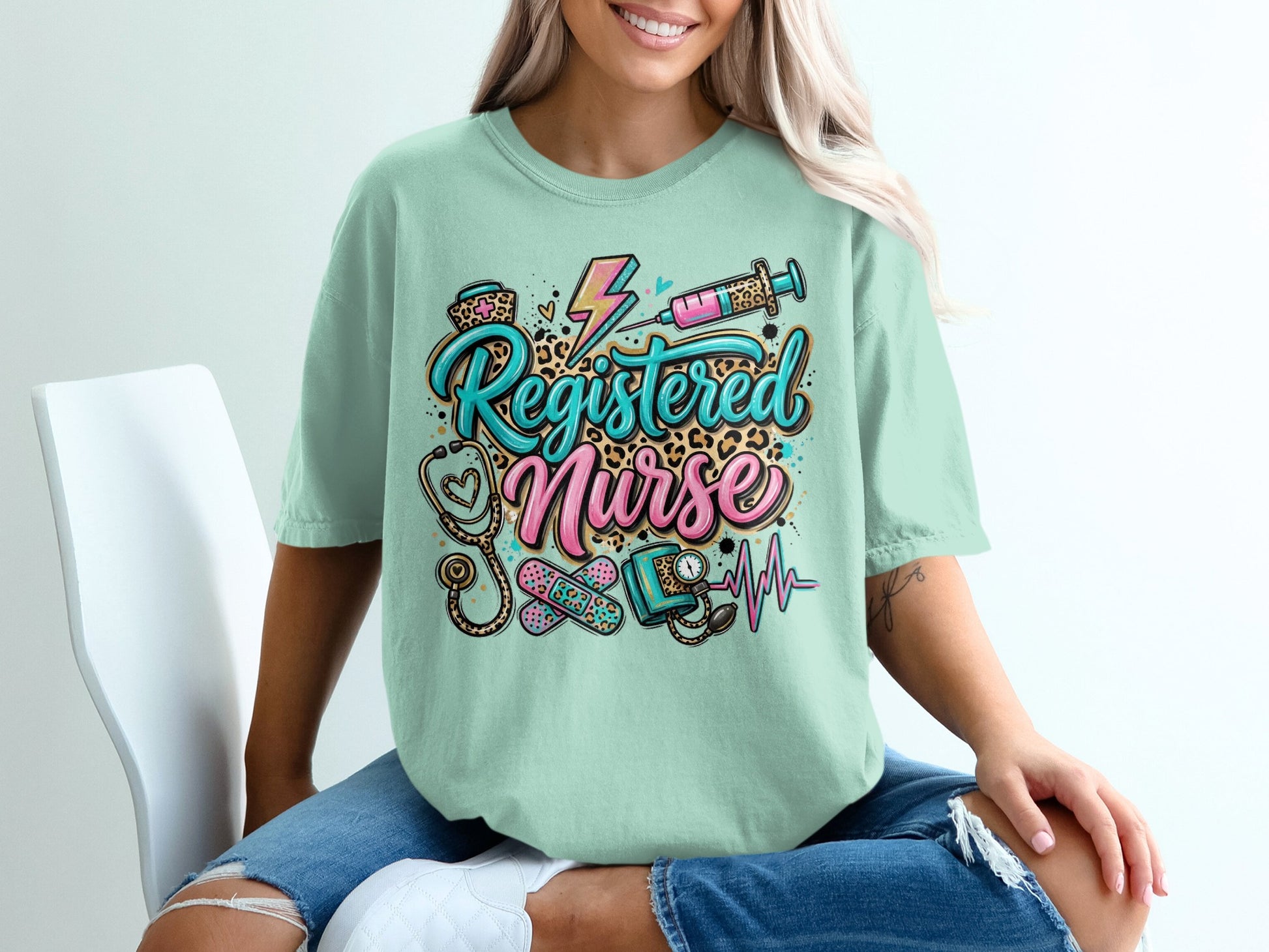 Registered Nurse graphic tee with medical icons and leopard print.