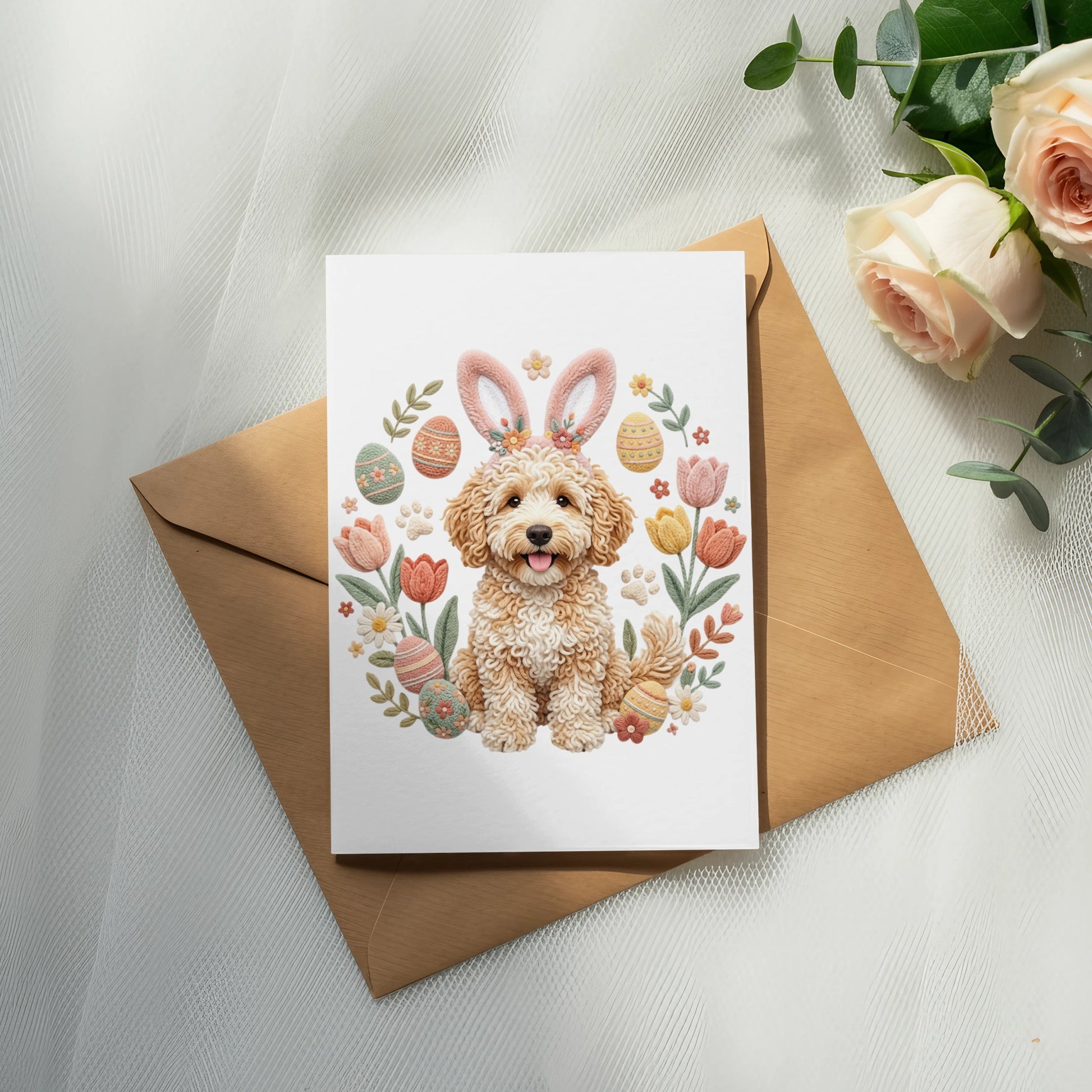 Dog wearing Easter bunny ears surrounded by floral Easter eggs and tulips.