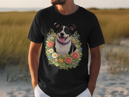 Black t-shirt featuring a dog in a floral wreath.