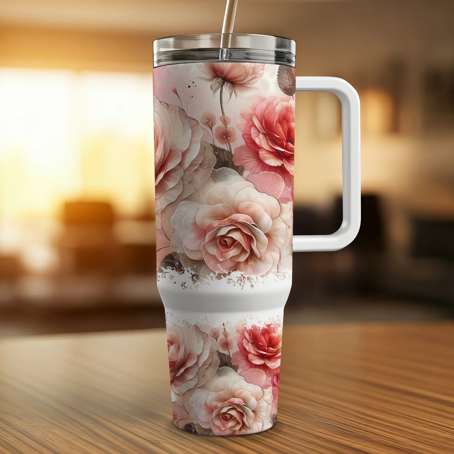 Tall tumbler with handle featuring a watercolor floral pattern of pink and white roses.