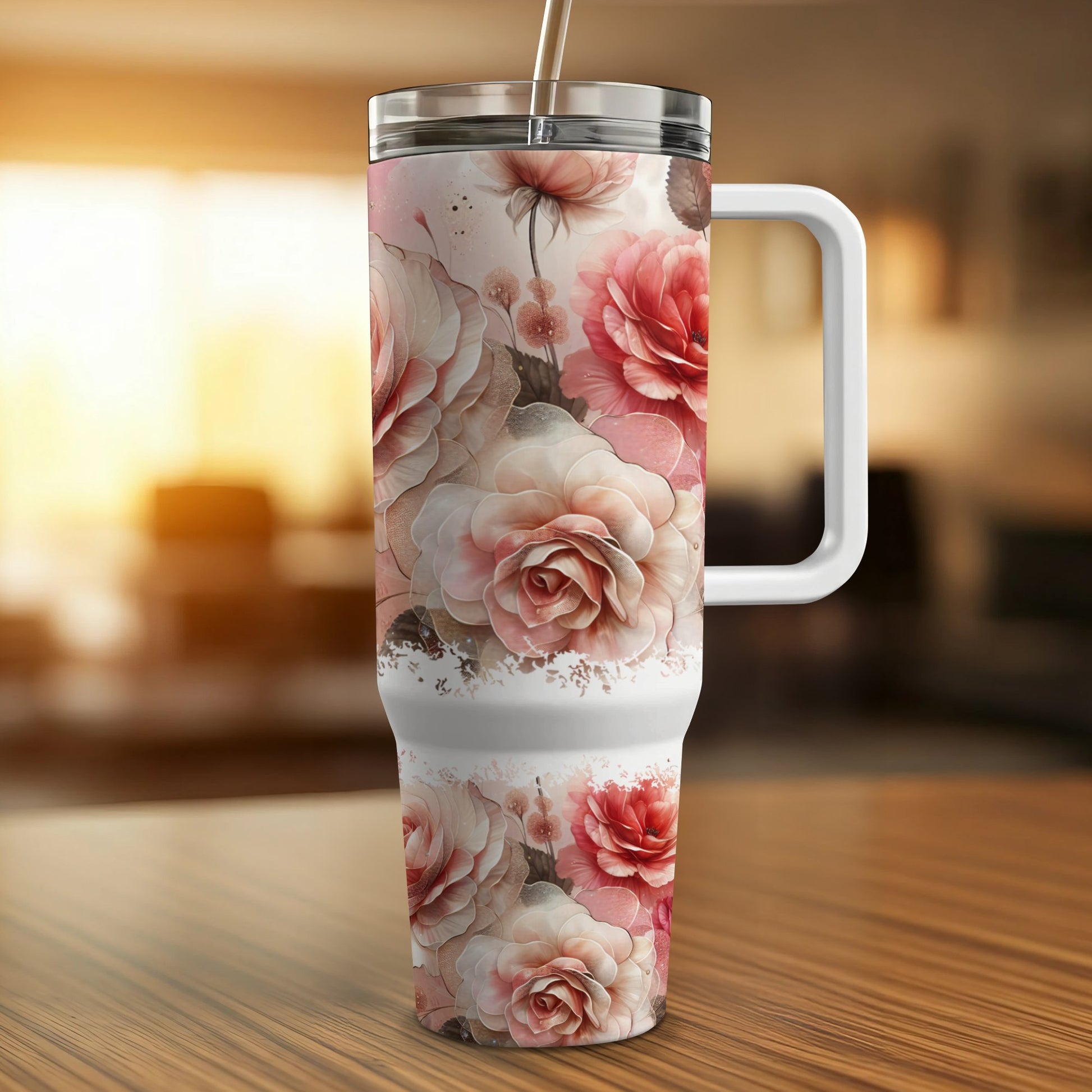 Tall tumbler with handle featuring a watercolor floral pattern of pink and white roses.
