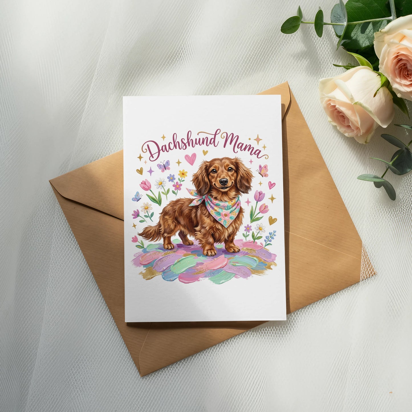 Dachshund Mama card with floral accents and a brown dachshund wearing a bandana.