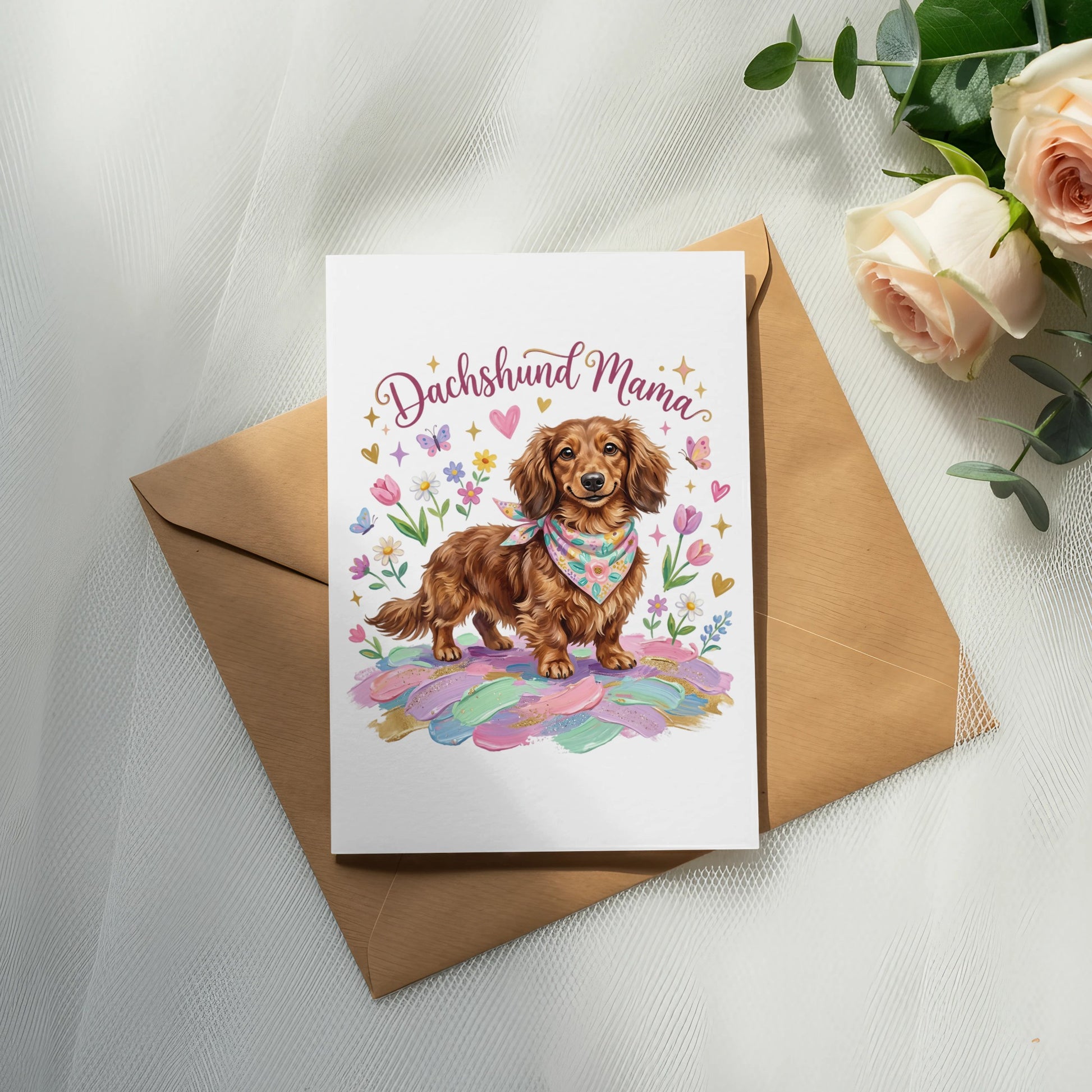 Dachshund Mama card with floral accents and a brown dachshund wearing a bandana.