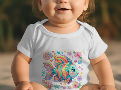 Baby in white bodysuit with colorful fish and ocean-themed print.