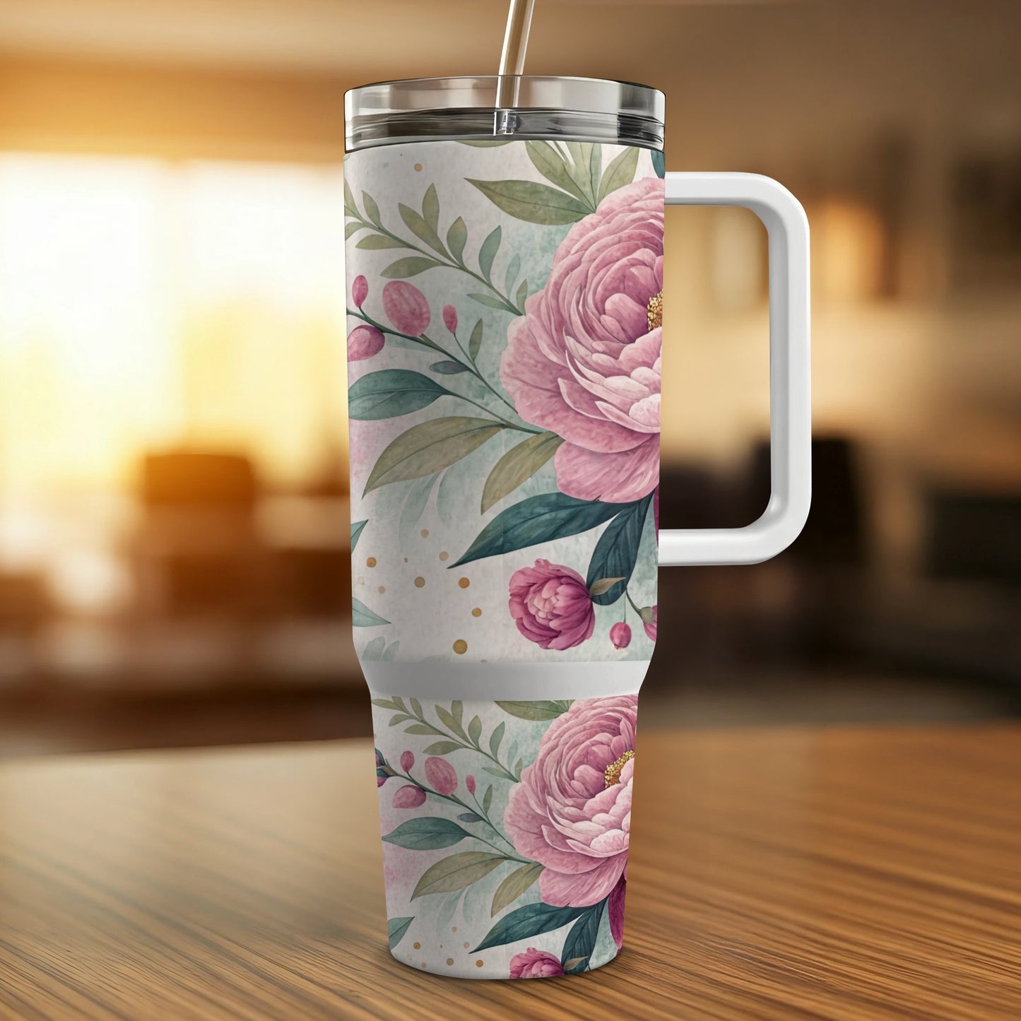 Floral tumbler with pink roses and green leaves on a wooden table.