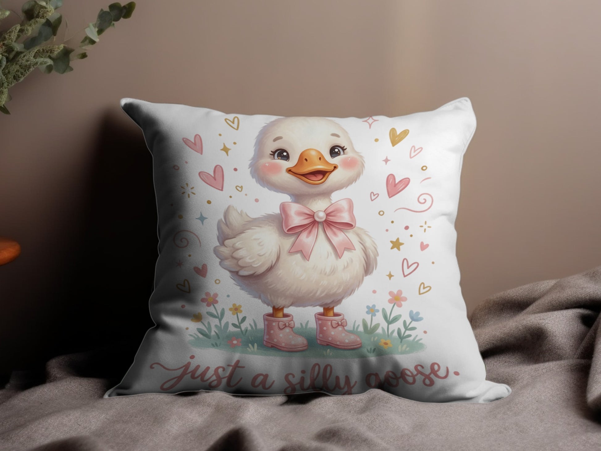 White goose in pink boots with bow and "just a silly goose" text.