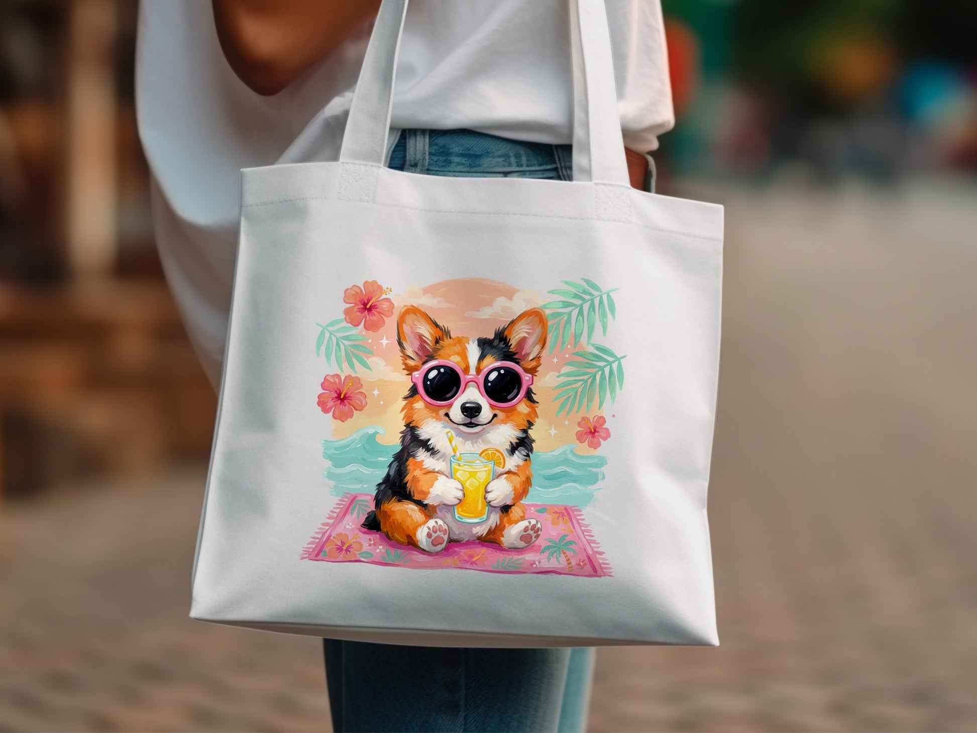 White tote bag with a corgi wearing sunglasses holding a drink.
