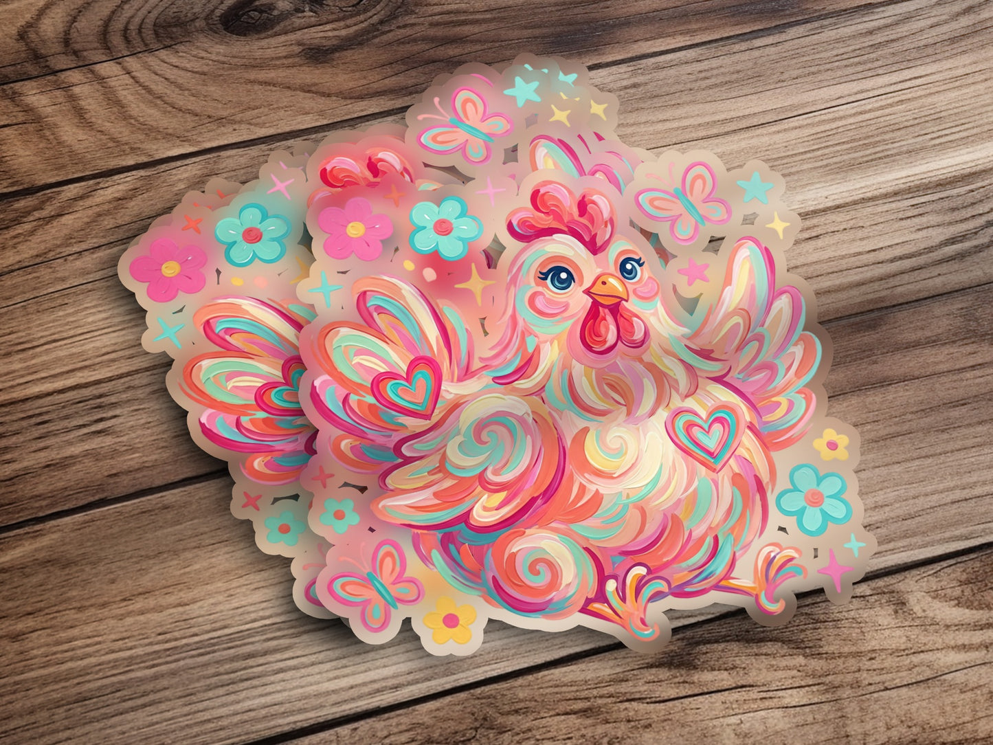 Colorful illustrated chicken with hearts and butterflies on a wooden background.
