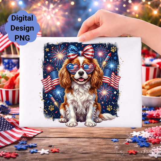 Dog wearing heart-shaped sunglasses with American flags and fireworks.