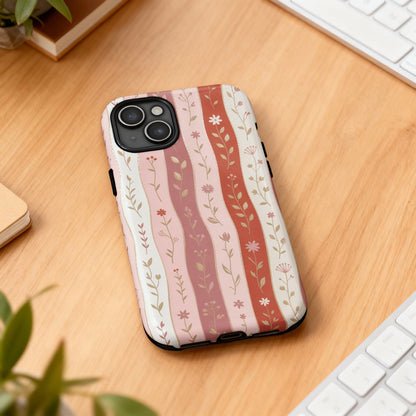 Phone case with a wavy striped floral pattern in pink and beige tones.