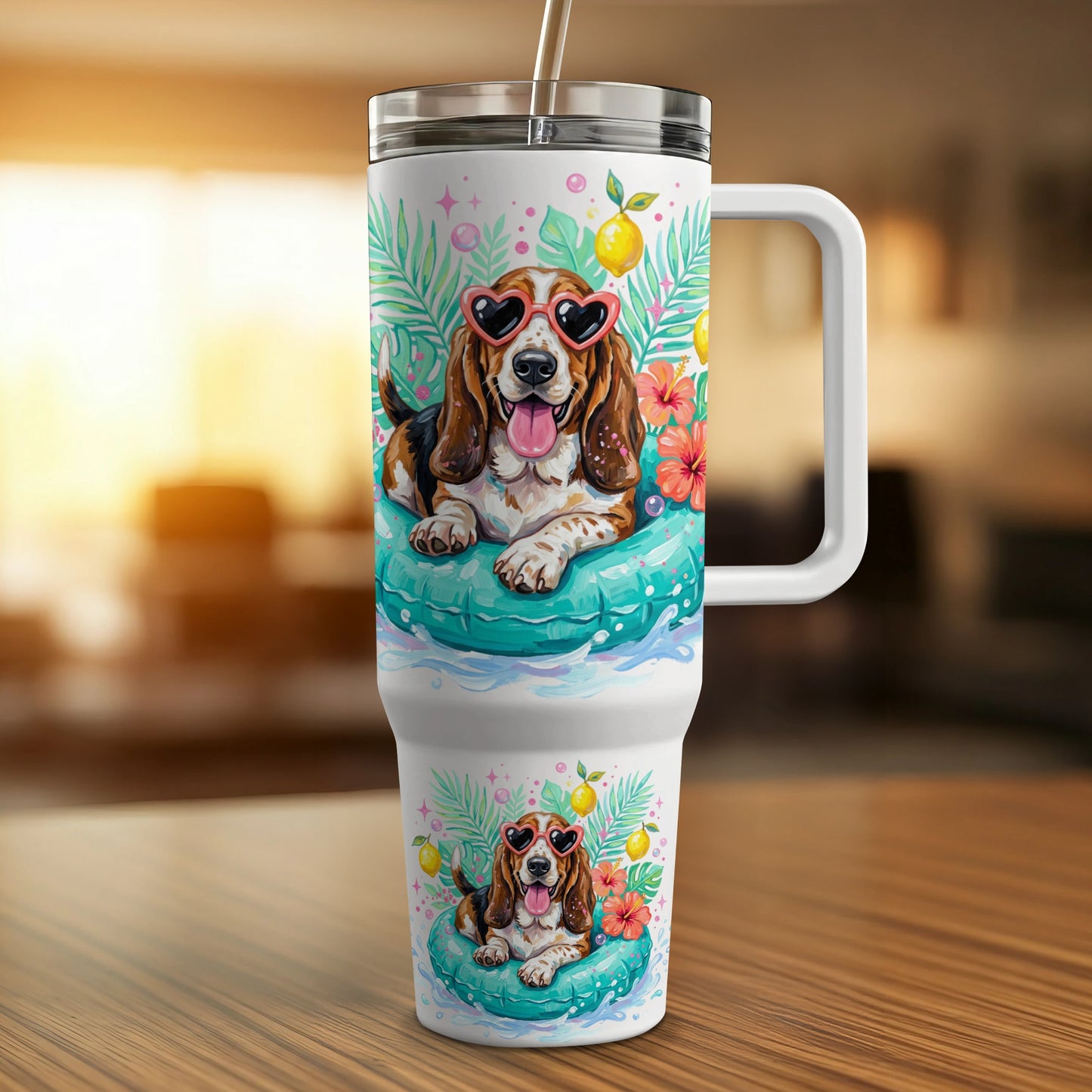 Basset hound in heart sunglasses on inflatable tube, tropical pattern.