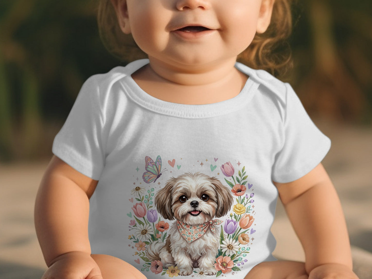 Baby wearing white bodysuit with a watercolor Shih Tzu, flowers, and butterfly graphic.