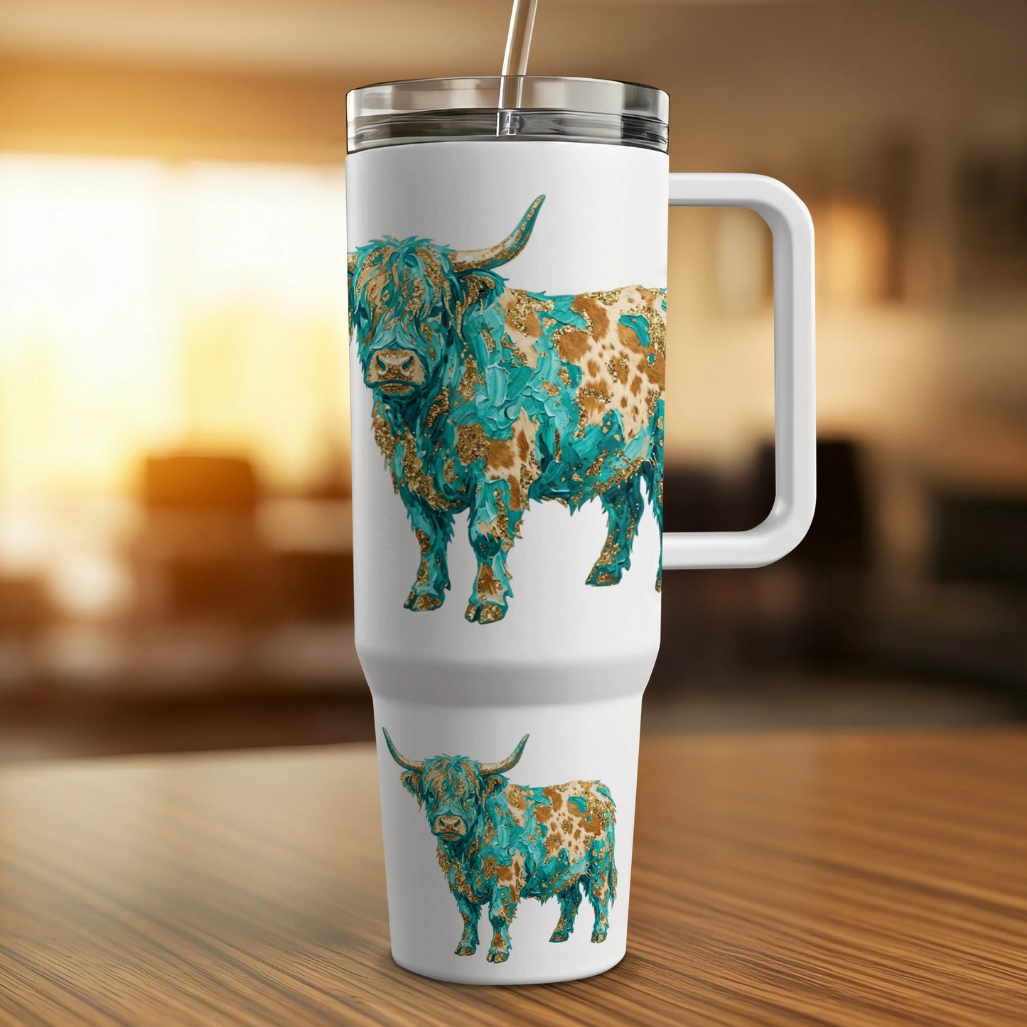 White tumbler with handle featuring a distressed painting of a Highland cow.