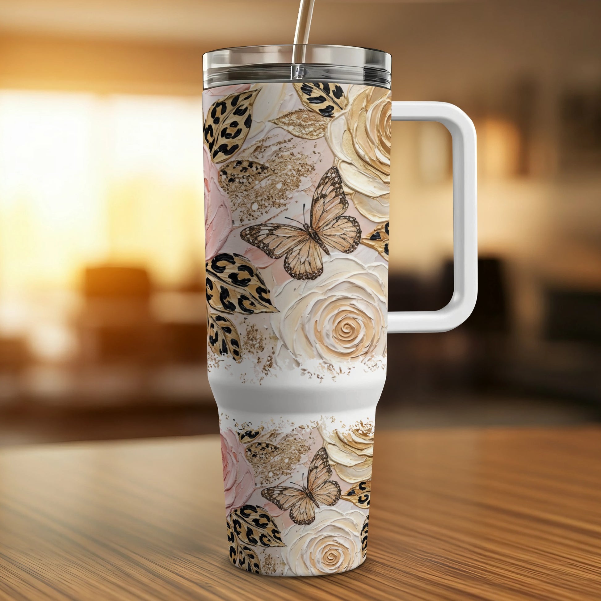 White tumbler with leopard print, roses, and butterflies, and a straw.