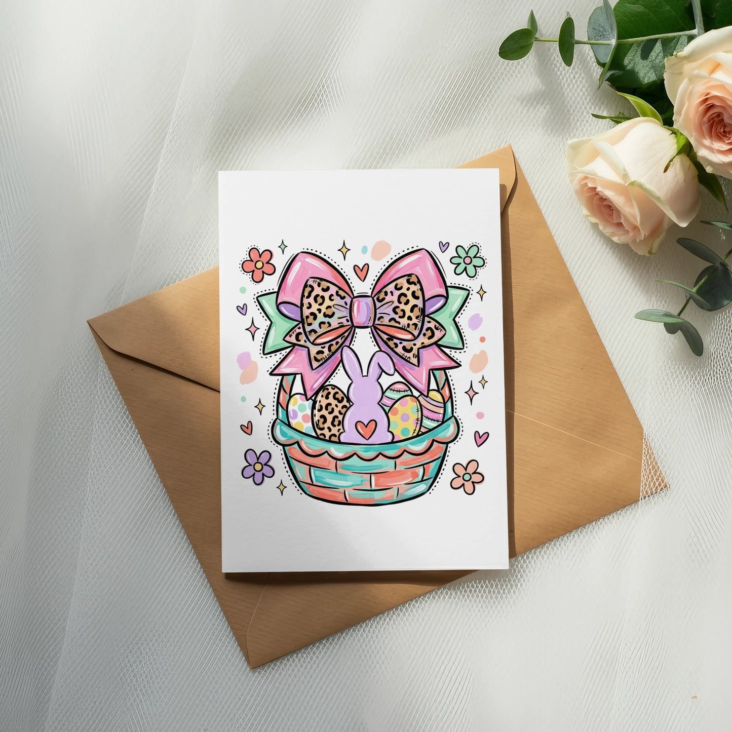Easter card with bunny, eggs, and bow in a basket.