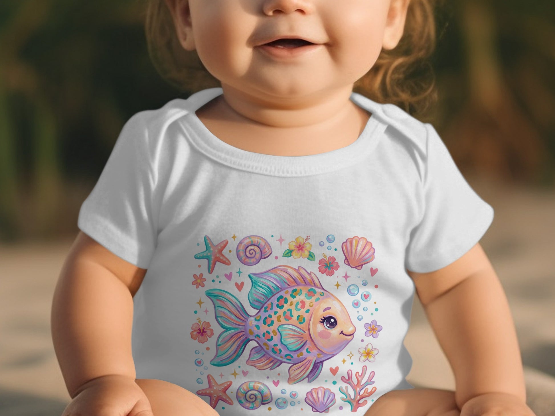Baby wearing white bodysuit with colorful fish, starfish, and floral print.