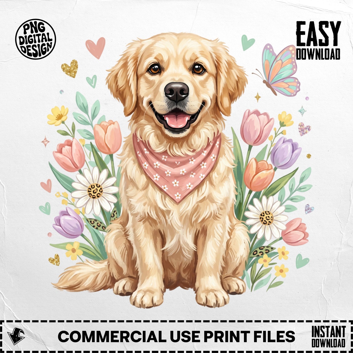 Golden retriever wearing a bandana, surrounded by flowers and a butterfly.